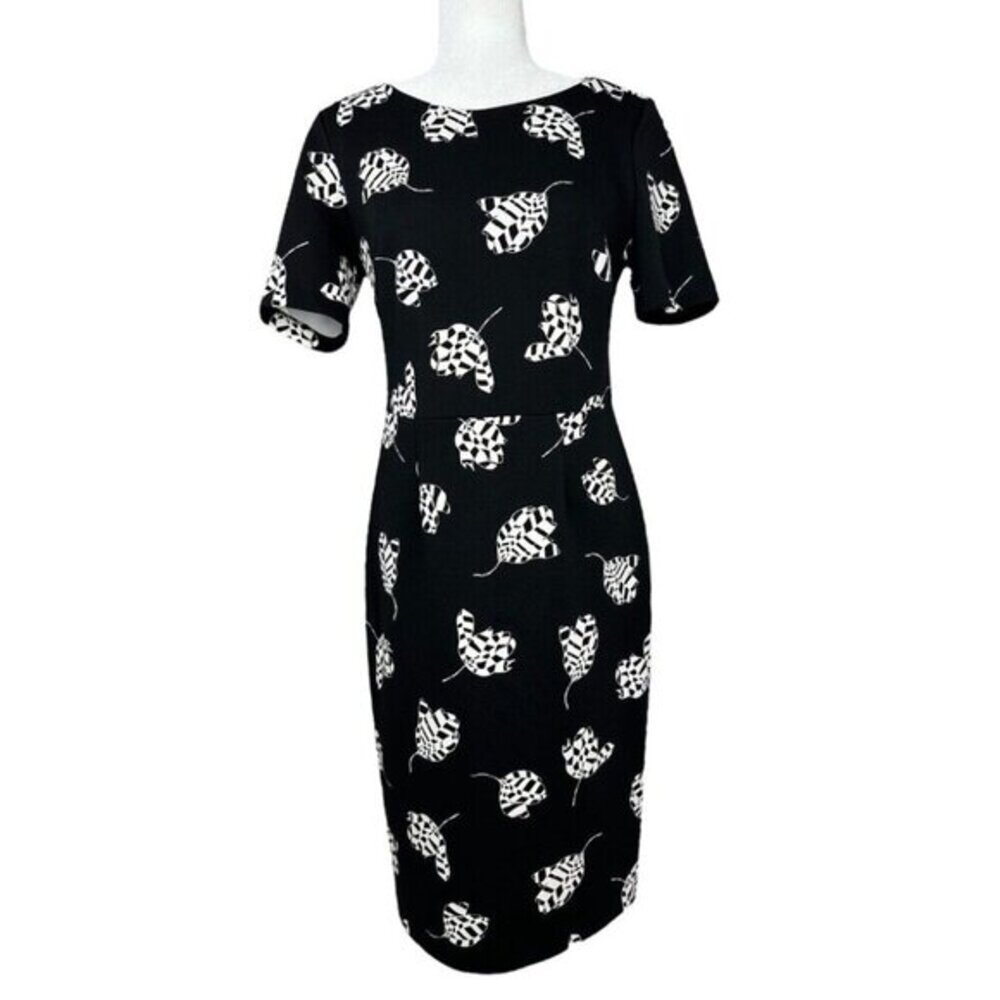Vince Camuto Black White Geometric‎ Leaf Print Sheath Dress Womens Small